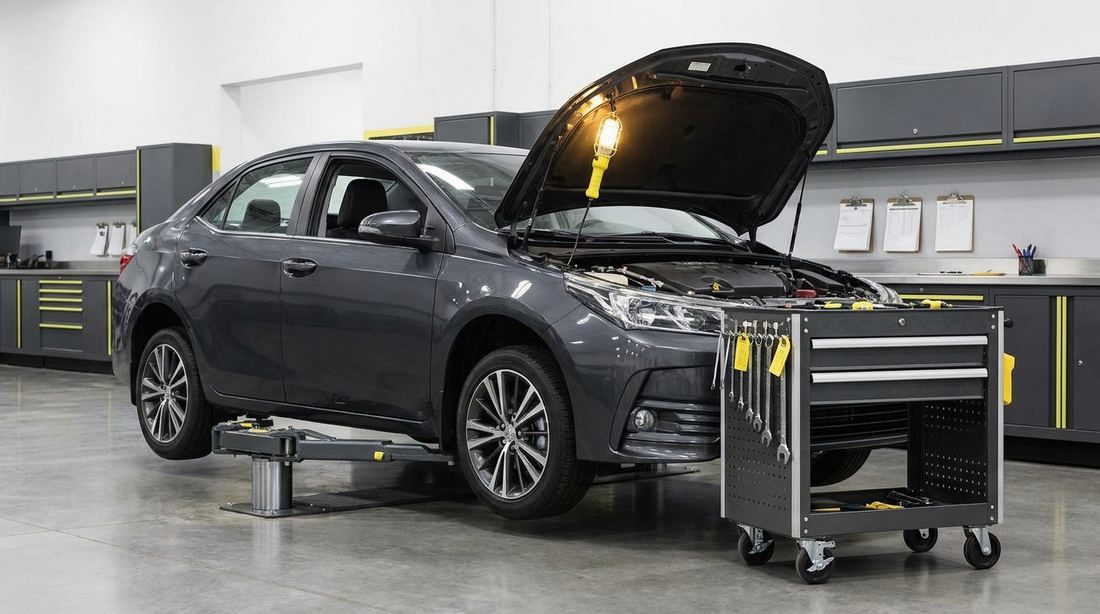 A dark gray sedan on a service lift with its hood up and a work light hanging inside